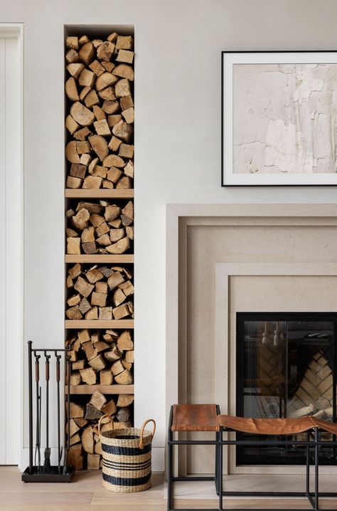 Fireplace Wall Wood Storage, Vertical Log Storage Living Room, Firewood Storage Indoor Living Rooms, Firewood Storage Indoor, Lindye Galloway, Storage Fireplace, The Grotto, Fireplace Built Ins, Pool Rooms