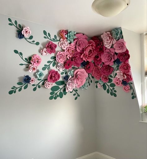 DIY, Paper flowers, toddler room, toddler girl room, floral, floral decorations, paper art, wall art, wall flowers, paper flowers, paper, garden room, flower room, Paper Flowers Nursery Wall Diy, Wall Flowers Paper, Cardstock Wall Decor, Paper Flower On Wall, Diy Flowers On Wall, Paper Flower Room Decor, Flower Theme Room, Flower Themed Bedroom, Hetal's Art