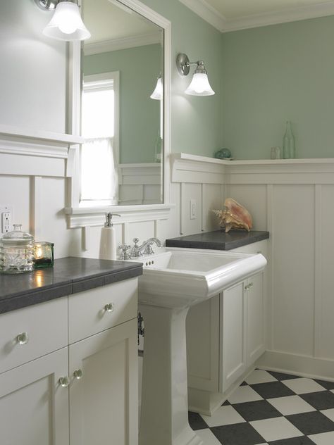 Suzie: Goforth Gill Architects - Cottage bathroom with sage green walls paint color, board and ... Checkered Flooring, Bathroom Wainscoting, Traditional Powder Room, Powder Room Design Ideas, Wainscoting Stairs, Wainscoting Bedroom, Wainscoting Bathroom, Dining Room Wainscoting, Wainscoting Styles