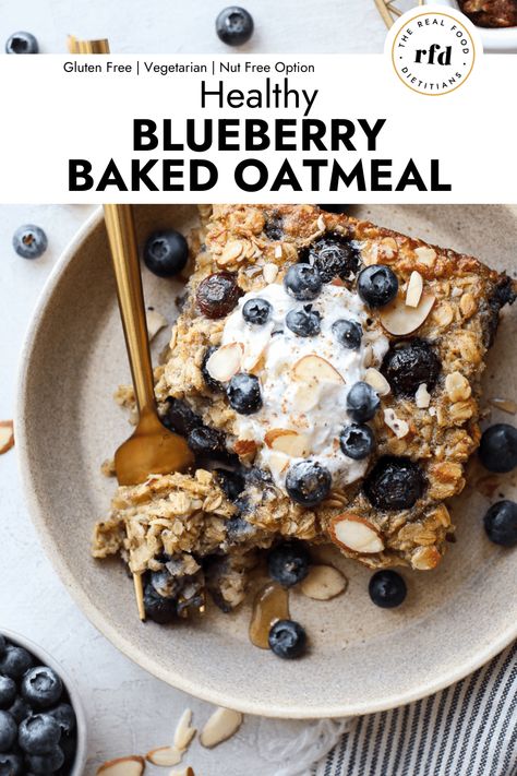 Homemade and easy to make, this Healthy Blueberry Baked Oatmeal makes for a delicious breakfast and is perfect for meal prep. With its warm cinnamon and vanilla flavors, complete with blueberries and sliced almonds this recipe is one you'll make again and again. Macro Breakfast, Fresh Blueberry Recipes, Blueberry Baked Oatmeal, Blueberry Oatmeal Bake, Oatmeal For Breakfast, Weekend Meal Prep, Oatmeal Bake, Real Food Dietitians, Breakfast Oatmeal Recipes