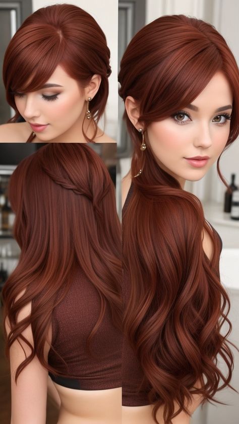 Chocolate Copper Hair Styles Loreal Copper Hair Color, Rusty Copper Hair, Cooper Chocolate Hair, Red To Copper Hair, Best Color Hair For Brown Eyes, Fall Hair Inspo 2023, Cobre Hair Color, Redbrownhair Color, Cooper Auburn Hair Color