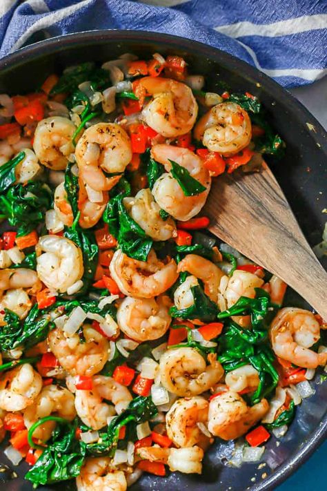 This quick and easy Mediterranean shrimp skillet is a one-pan dinner ready in about 20 minutes! It’s great over couscous or rice or orzo. Quick Mediterranean Lunch, Shrimp And Couscous Recipes, Shrimp Mediterranean Recipes, Shrimp Couscous Recipes, Mediteranian Dishes, Mediterranean Shrimp Recipes, Healthy Tuna Noodle Casserole, Shrimp And Spinach Recipes, Mediterranean Shrimp Recipe