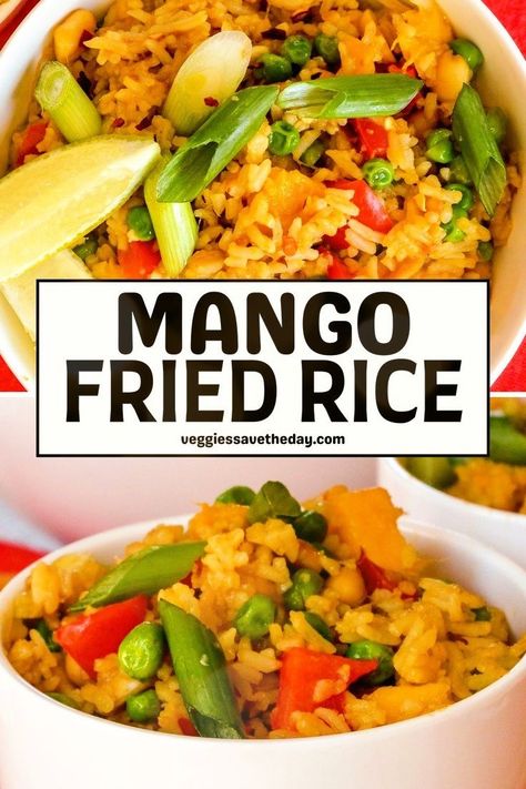 Turn leftover rice into delicious Mango Fried Rice! Made with sweet and juicy mango and spicy crushed red pepper flakes, it's perfect as a quick and easy meal on its own or as a flavorful side dish. Mango Fried Rice, 30min Meals, September Meal Plan, Recipe With Mango, Vegan Rice Dishes, Asian Sides, Chicken And Rice Recipes, Mango Rice, Rice And Quinoa