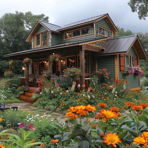 Bohemian Style House Exterior, Cottage Core Homes Exterior, Flower House Aesthetic, Cottagecore Aesthetic House Outside, Homes Aesthetic Exterior, Dream Home In The Woods, Character House Flower Vibe, Pnw Home Exterior, Old Ranch Style Homes