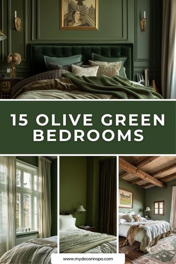 Get inspired by these beautiful olive green bedrooms that combine stylish design and comfort to transform any space into a cozy retreat. Moody Green Bedroom, Hunter Green Bedrooms, Forest Green Bedrooms, Green Bedroom Colors, Green Room Ideas Bedroom, Green Bedroom Paint, Emerald Green Bedrooms, Olive Green Bedrooms, Dark Green Rooms