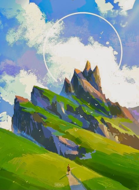 Mountain Landscape Digital Art, Illustration Art Mountains, Stylized Landscape Art, Landscape Art Procreate, Mountain Background Illustration, Landscape Design Paintings, Procreate Fantasy Art, Procreate Landscape Art, Fantasy Mountain Art