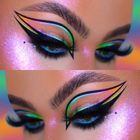 Rainbow Graphic Eyeliner Trippy Makeup, Close Up Faces, Face Charts, 2024 Goals, Neon Makeup, Makeup Face Charts, Rainbow Graphic, Pride Makeup, Loose Setting Powder