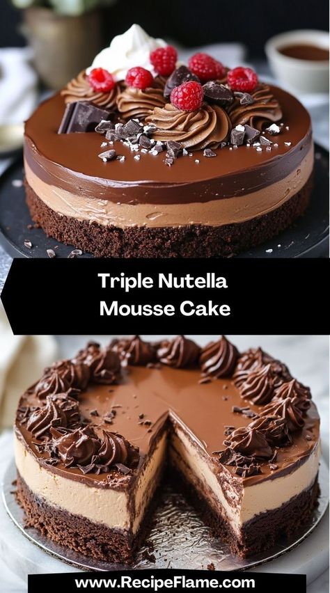 My family adored this cake! The chocolatey richness of Nutella and the airy mousse make it the ultimate treat. It's easy to make but looks impressive on any dessert table. Nutella Mousse Cake, Nutella Mousse, Mousse Cake, Decadent Desserts, Dessert Table, Quick Easy Meals, Cocoa Powder, My Family, Quick Easy