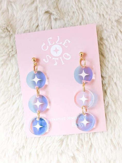 Iridescent Celestial Drop Earrings Acrylic Circle Star Holographic Engraved Laser Cut Clear Circle Dangle Drop Stud Statement Jewelry - Etsy Acrylic Charm Earrings, Laser Cut Acrylic Earrings, Acrylic Earrings Laser Cut, Laser Acrylic, Laser Cut Jewelry Acrylic, Etched Acrylic, Iridescent Acrylic, Acrylic Laser Cut, Earrings For Sensitive Ears