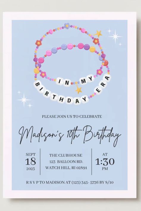 Celebrate Taylor Swift’s magic and friendships with our Friendship Bracelet-Inspired Party Invitation.Illustrated with whimsical friendship bracelets, it symbolizes the unbreakable bonds among Swifties worldwide.Beyond its cool design, it’s a heartfelt reminder that, like threads in a friendship bracelet, the ties between Swifties are enduring and vibrant. See more party ideas and share yours at CatchMyParty.com Friendship Birthday Party, In My Birthday Era Invitation, Taylor Swift 15 Birthday Ideas, In My Birthday Era, Taylor Swift Invitations, Taylor Swift Illustration, Taylor Swift Birthday Invitations, Taylor Swift Party Ideas, Eras Party