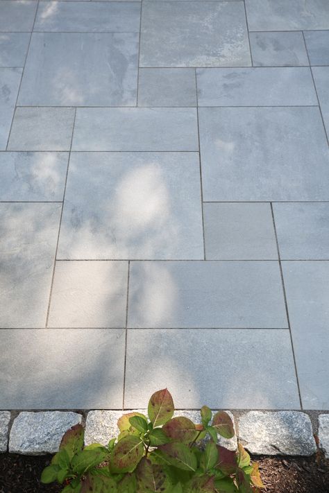 Pavers Patio Designs, Light Gray Pavers Patio, Patio Ideas Stone Pavers, Blue Stone Pavers Patio, Granite Pavers Patio, Outdoor Stone Patio Ideas Concrete Pavers, Modern Pavers Walkway, Modern Patio Stone, Blue Stone Porch Floor