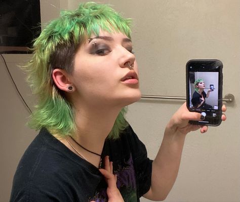 Split Dye Mohawk, Green Mullet Hair, Green Dyed Hair Men, Green Hair Mullet, Rainbow Mullet, Colored Mullet, Short Straight Mullet, Nonbinary Mullet, Green Hair Short