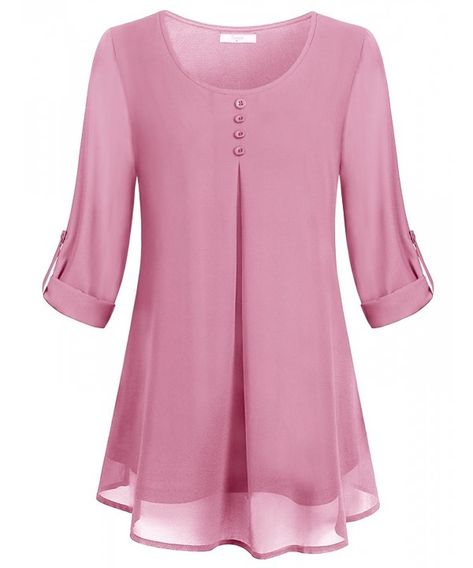 Buy Women's Roll-up Long Sleeve Round Neck Layered Chiffon Flowy Blouse Top - Pink - CY189Y0E2RE and shop more latest Women's Button-Down Shirts all over the world. Basic Streetwear, Pink Wine, Button Long Sleeve, Flowy Blouse, Blouse Black, Blouse Top, Roll Up, Three Quarter, Round Neck