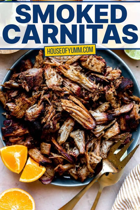 Smoked carnitas Pork Carnitas Traeger, Traeger Carnitas, Smoker Tacos, Meals On The Smoker, Carnitas Marinade, Smoked Carnitas Recipe, Smoked Pork Carnitas, Smoked Carnitas, Carnitas Pork