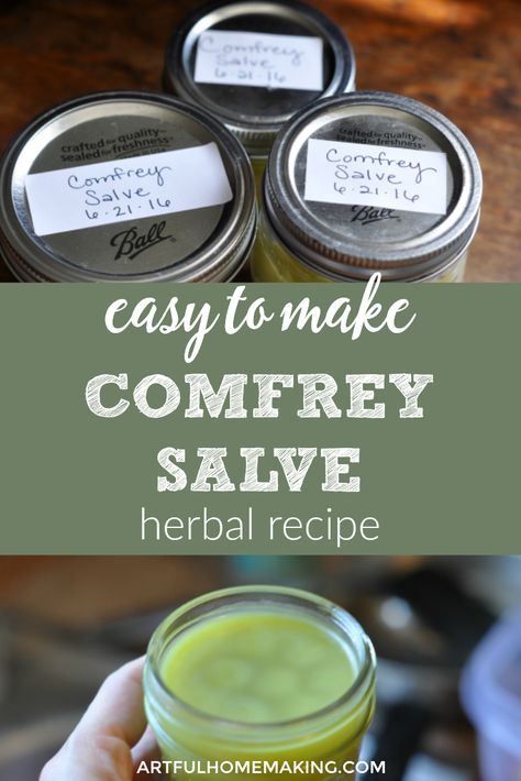 Learn how to make your own comfrey salve with this simple DIY recipe! This herbal recipe is great for so many things, and it's easy to make your own.  #herbs #comfrey #comfreysalve #diy #naturalremedy #naturalskincare Comfrey Salve Recipe, Comfrey Salve, Diy Medicine, Herbal Remedies Recipes, Diy Beginner, Foraging Recipes, Salve Recipes, Herbal Salves, Healing Salves