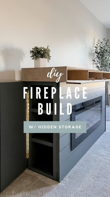 Amanda Vernaci | Come Stay Awhile on Instagram: "How to build a completely custom fireplace for under $400! WITH HIDDEN STORAGE 🤫👏🏼 . The full tutorial is now LIVE on the blog with instructions and my materials list for this DIY fireplace build. Linked in my bio! . I wanted to build something that would cozy up our bedroom but still remain functional with some storage and BAM💥 this DIY build was born! I built the entire thing around the 48” Sierra fireplace insert from @dimplex_northamerica Modern Fireplace Storage, Diy Fireplace Small Living Room, Asymmetrical Fireplace Wall Built Ins, Mantle On Wall No Fireplace, Built In Electric Fireplace With Storage, Fake Fireplace With Storage, Homemade Fireplace Diy, Drawers Under Fireplace, Built In Electric Fireplace Diy