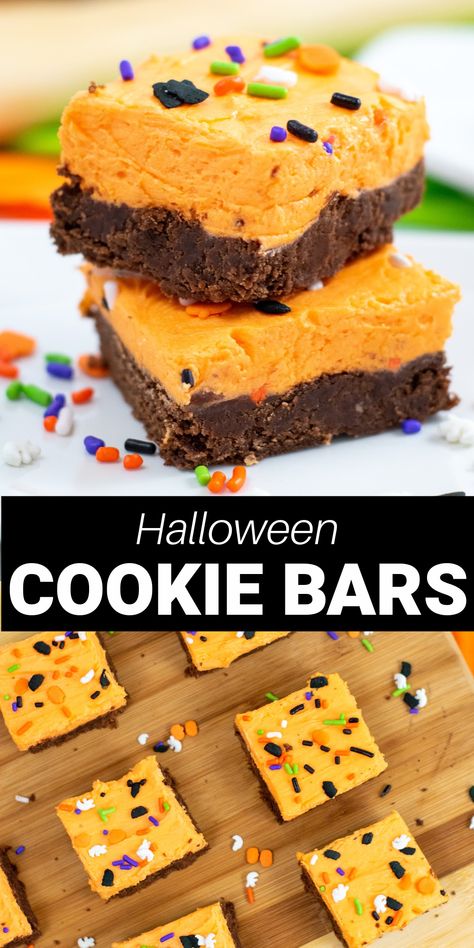 Halloween Cookie Bars Halloween Bars Recipes, Halloween Bars And Cookies, Halloween Bars Dessert, Fall Cookie Bars, Halloween Cookie Bars, Halloween Dessert Bars, Halloween Bars, Orange Buttercream Frosting, Fun Halloween Desserts