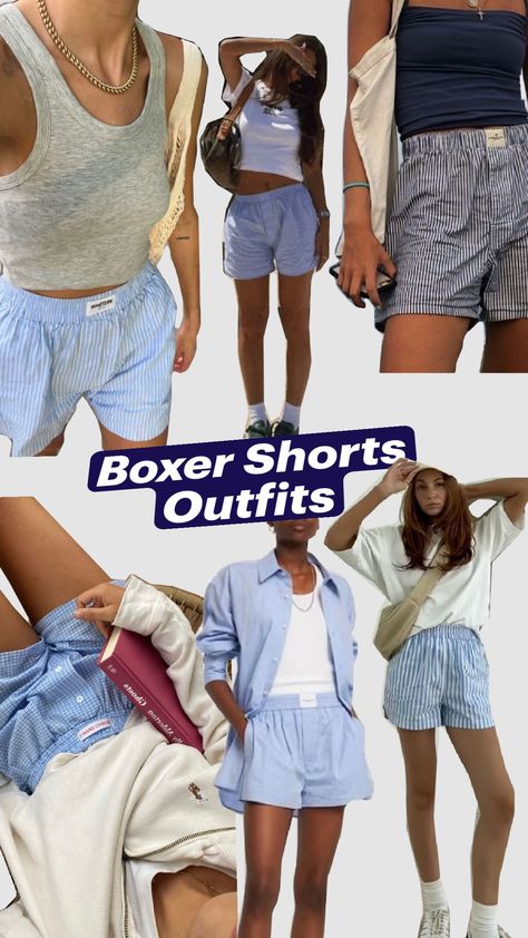 Boxer Shorts Outfits 💙🌊🫐 #boxershorts #ouftit #summer #outfitinspo #summeroutfit #inspiration Boxer Trend Outfit, Boxer Shorts Street Style, Summer Boxer Shorts Outfit, Boxer Short Trend, Boxers As Shorts, Boxer Shorts Outfit, Boxer Shorts, Short Outfits, What To Wear