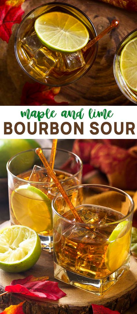 Fall, winter, spring, or summer, you'll love sipping a simple maple lime bourbon sour! This drink is the perfect balance of sweet and sour combined with smooth whiskey to make a refreshing cocktail. | justalittlebitofbacon.com #cocktailrecipes #drinkrecipes #drinks #bourbon #cockails Bourbon Lime Cocktail, Awesome Cocktails, Cocktail Recipes Tequila, Bourbon Sour, Summer Vodka Cocktails, Bourbon Smash, Lime Drinks, Recipe For Teens, Cocktail Appetizers