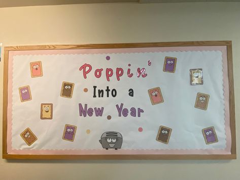 Poppin’ into a new year bulletin board New Year Bulletin Boards Preschool, New Years Bulletin Board Ideas, New Year Bulletin Boards, Infant Bulletin Board, New Years Bulletin Board, New Year Bulletin Board, Shark Room, January Bulletin Boards, Birthday Bulletin Boards