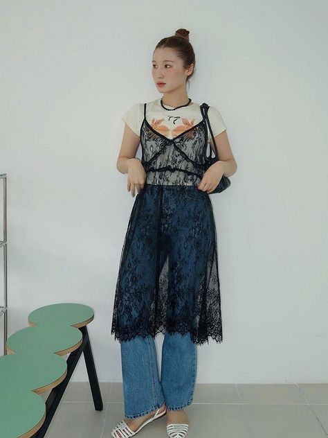 Designer fashion, Seoul-fully created | W Concept Dress With Tshirt, Slip Dress Layering, Lace Dress Outfit, Dress Over Jeans, Dress Layering, Dress Over Pants, Sheer Lace Dress, Asymmetrical Shirt, Sleeveless Lace Dress