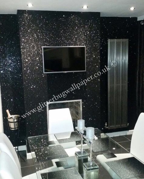 Black glam glitter wallpaper Silver Glitter Wallpaper Bedroom, Glitter Peel And Stick Wallpaper, Black Glitter Accent Wall Bedroom, Black Glitter Wallpaper Bedroom, Black Glitter Bathroom, Glitter Wall Bedroom, Black And Silver Accent Wall, Glitter Brick Wall, Black Glitter Accent Wall