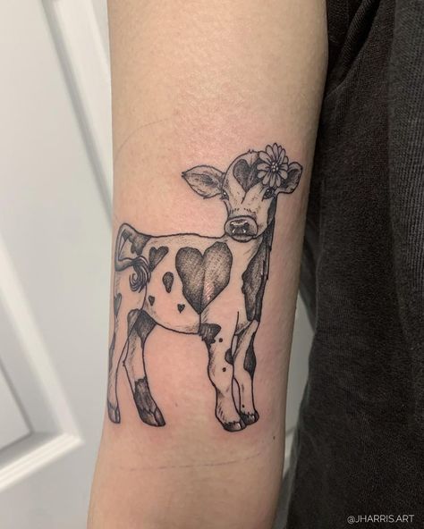 Jasmine! | The cutest little valentine cow. Thank you for the trust and creative freedom with this piece Mia! 💞 - - - - - - - #matchingtattoos… | Instagram Cow And Flower Tattoo, Calf Cow Tattoo, Cow Tattoos For Women, Baby Cow Tattoo, Cow Outline Tattoo, Cow Head Tattoo, Little Cow Tattoo, Cute Cow Tattoo, Animal Rights Tattoo