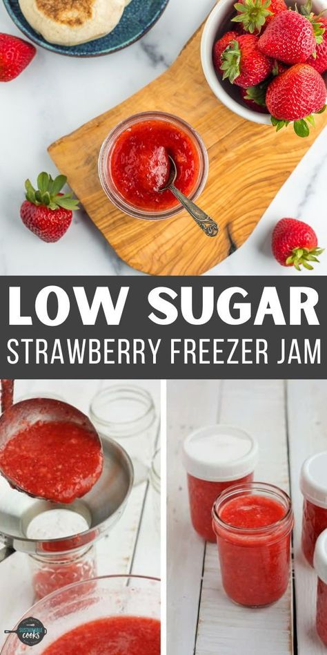 The freshest tasting jam you’ve ever had, this Strawberry Freezer Jam Recipe is so simple to make. Just three ingredients and 20 minutes, and you’ll have homemade strawberry jam made by your very own hands. Freezer Jam Strawberry Low Sugar, Surejell Strawberry Freezer Jam Recipe, Freezer Jam Strawberry, Strawberry Freezer Jam Recipe, Low Sugar Jam Recipes, Smart Sweets, Raspberry Freezer Jam, Light Eating, Low Sugar Jam