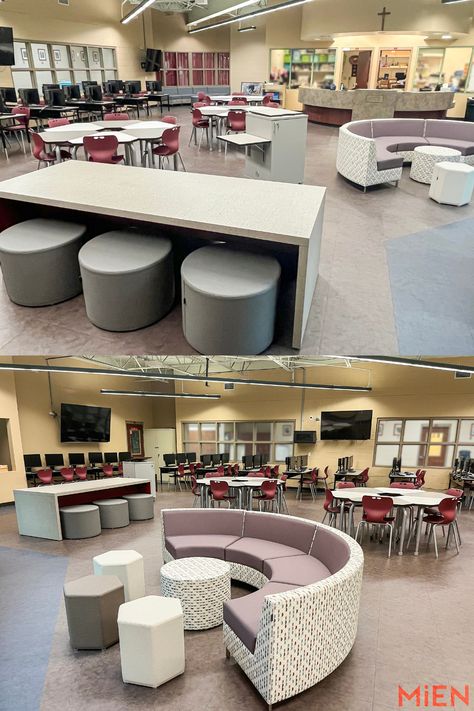 MiEN and St. Stephen Catholic School's story of turning an outdated media center, into a collaborative and fun learning space. #MiEN #k12education #highereducation #design #furniture #21stcenturylearning #learning #schooldesign #collaboration #students #teachers #softseating School Relaxation Room, High School Media Center Design, Repainting Walls, School Lounge, Collaborative Learning Spaces, Student Lounge, Classroom Seating, St Stephen, 21st Century Learning