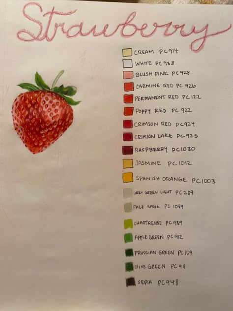 Strawberry drawing with colored pencils Strawberry Drawing Colored Pencil, Prismacolor Drawing Tutorials, Prismacolor Art Tutorials, Drawing Of Strawberry, Prismacolor Reference, Strawberry Artwork, Europe Scrapbook, Prismacolor Combinations, Prismacolor Combos