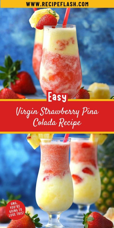 Looking for a refreshing treat that captures summer vibes? This Virgin Strawberry Pina Colada Recipe is the perfect tropical escape without the alcohol! Enjoy a delightful blend of strawberries and coconut for a guilt-free indulgence. Save this recipe for your next gathering and impress your friends with this non-alcoholic drink! Virgin Alcoholic Drinks, Strawberry Pina Colada Recipe, Pina Colada Recipe Non Alcoholic, Strawberry Pina Colada, Strawberry Colada, Virgin Pina Colada, Virgin Drinks, Pina Colada Recipe, Drink Garnishing