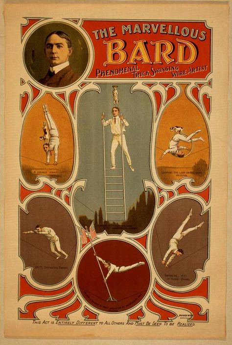 The marvellous Bard, phenomenal trick swinging wire artist - PICRYL Public Domain Image Performing Arts Poster, Cirque Vintage, Vintage Circus Posters, Circus Poster, Vintage Circus, Vintage Advertisement, Free Art, Artist Art, Performance Art