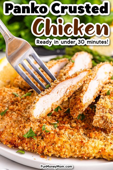 Panko Chicken Recipe Chicken Thigh Panko Recipe, Chicken Tender Panko Recipes, Panko Chicken No Egg, Panko Bread Crumbs Chicken, Best Panko Chicken, Panko Chicken Tenders Baked, Honey Crusted Chicken, Chicken Tender Recipes Panko, Baked Crusted Chicken Recipes