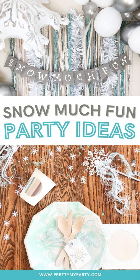 Snow Day Party, Snow Party Food Ideas, Snow Day Party Ideas, Snow Bday Party, Snow Day Theme Party, Winter Theme Party Food, Snow Birthday Party Decorations, Snow Tubing Birthday Party Ideas, Winter Party Themes For Kids