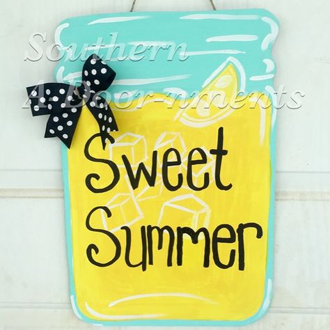 #southernadoornmentsdecor #masonjar #lemonade #sweetsummer Lemonade Mason Jar, Summer Door Decorations, Mason Jar Door Hanger, Lemonade Sign, Hanger Ideas, Paint Tutorial, Hanger Decor, Blue Mason Jars, Summer Door Hanger