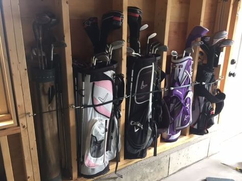 Golf Organization Garage, Garage Golf Storage, How To Store Golf Clubs In Garage, Garage Golf Club Storage, Golf Bag Storage Ideas, Golf Club Storage Garage, Golf Bag Storage Garage, Golf Storage Ideas, Hockey Equipment Storage Garage