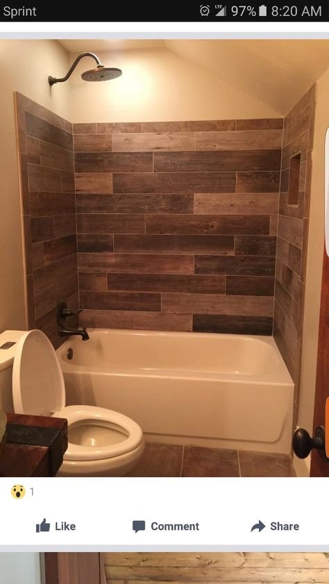 Bathtub Shower Combo Tile Ideas, Rustic Tub Shower Combo, Cooper Bathroom, Tub Shower Combo Remodel, Bathroom Tub Remodel, Brown Tile Bathroom, Bathtub Shower Remodel, Rustic Bathroom Shower, Wood Tub