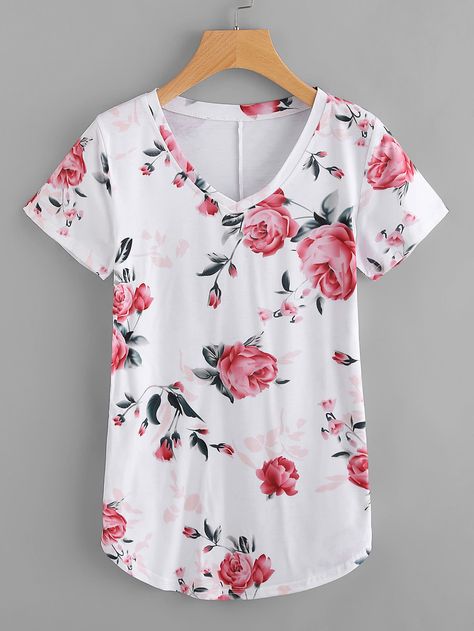 Shop V Neckline Floral Print Tee online. SheIn offers V Neckline Floral Print Tee & more to fit your fashionable needs. Office Wear Blouse, Blouse Designes, Stylish Office Wear, Printed Tee Women, Stylish Office, Office Wear, Printed Tees, Fashion Tops, Blouse Designs