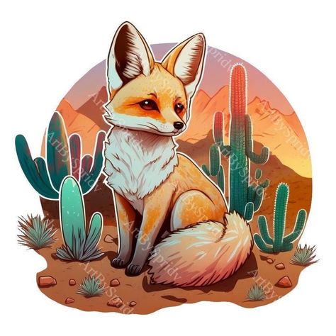 Illustrative Charm: Kawaii Clip Art Animals for DIY Projects Desert Fox Drawing, Wildlife Stickers, Fox Drawings, Woods Illustration, Cowgirl Tattoos, Wall Drawings, Wildlife Illustration, Fox Artwork, Desert Fox