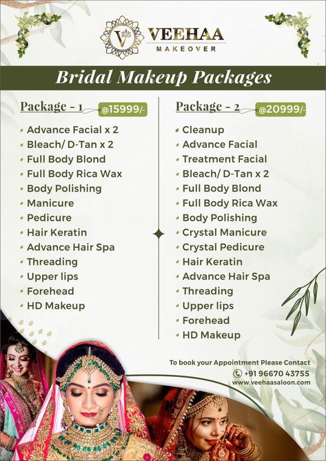 Salon Packages Ideas, Salon Course Poster, Bridal Makeup Package Ideas, Beautician Tips, Beauty Brand Ideas, Bridal List, Pre Bridal Packages, Artist Career, Beauty Salon Price List