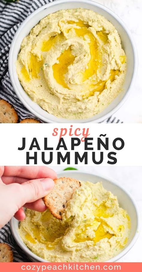 Hummus Jalapeno, Jalapeño Hummus, Vegetarian Snacks Easy, Jalapeno Hummus, Hummus Flavors, Spicy Hummus, Hummus Recipe Homemade, Peach Kitchen, Sandwich Spread