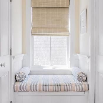 Shiplap Trim on Built In Window Seat - Transitional - Living Room Preppy Window Seat, Window Bench Seat Nursery, Window Bench Seat With Storage Kids Room, Primary Bedroom Window Seat, Window Seat Coastal, Blue Playroom, Shiplap Trim, White Roman Shades, Salons Cottage