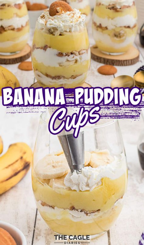 Banana pudding cups being made in individual glasses, perfect single serving banana pudding desserts that are super simple to make and you could make them in any kind of glass. Banana Pudding Single Serve, Banana Pudding Cake Cups, Banana Pudding Cups Individual, Individual Banana Pudding Cups, Southern Breakfast Recipes, Banana Pudding Cups, Southern Dessert Recipes, Southern Dinner Recipes, Single Serving Desserts