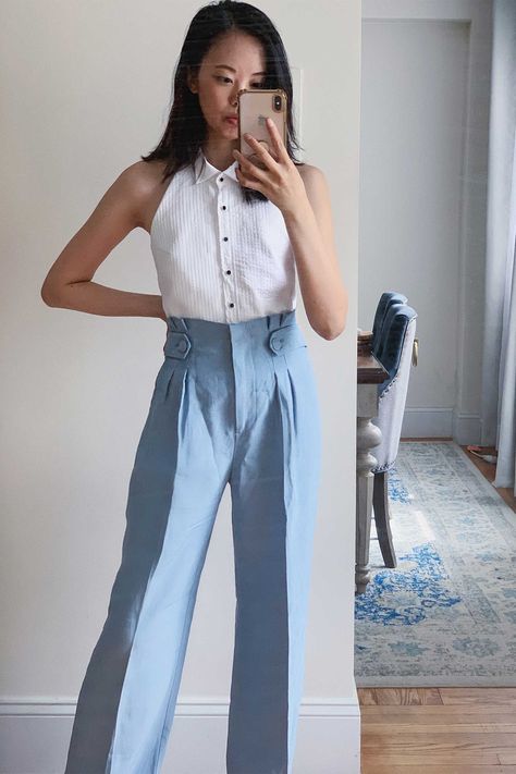 obsessed with these high waisted sezane trousers! here's a review of sezane's pre fall collection 2020 featuring their cozy wool sweaters, cardigans, knitwear and pants. sezane outfit, sezane review, sezane cardigan, sezane knitwear, sezane look, sezane fall collection, sezane cardigan, sezane sweaters, french girl style, french capsule wardrobe, Trousers Outfit High Waisted, Sezane Knitwear, Pleated Trousers Outfit, Sezane Outfit, Sezane Cardigan, Sezane Fall, Blue Trousers Outfit, Tuxedo Outfit, Classic Parisian Style