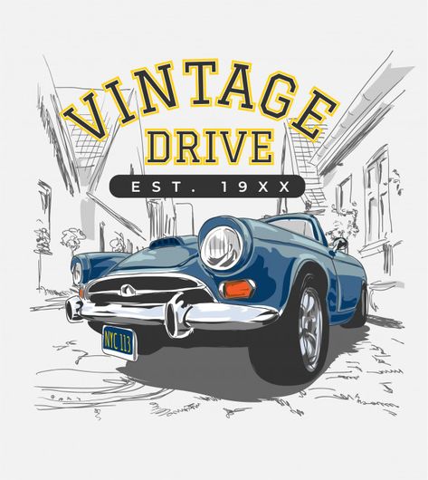 Vintage slogan with vintage car in the city illustration Premium Vector | Premium Vector #Freepik #vector #background #vintage #car #abstract Watercolor Paper Texture, Tshirt Design Inspiration, Memphis Design, City Illustration, Vintage Logo Design, City Car, Grunge Textures, The C, Vintage Grunge