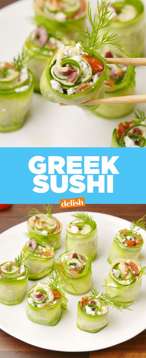 Greek Sushi is the healthy snack your entire family will be asking for. Get the recipe at Delish.com. #recipe #easyrecipe #snack #greek #mediterranean #tomatoes #feta #cheese #olive #hummus #cucumber Greek Sushi, Vegan Low Carb, Sushi Recipes, Healthy Appetizers, Sushi Rolls, Delicious Vegan Recipes, Greek Recipes, Appetizers Easy, Clean Eating Snacks