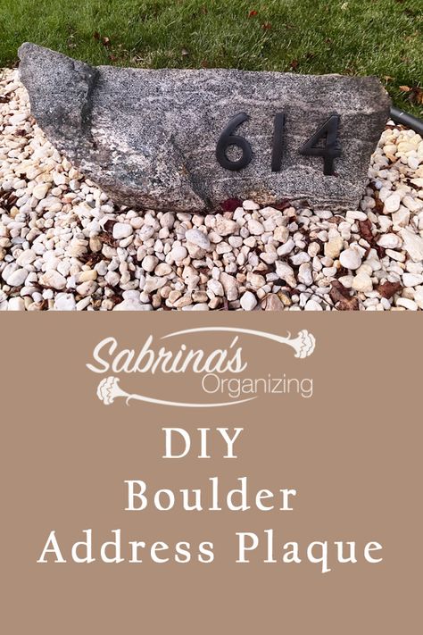 DIY Boulder Address Plaque | Sabrinas Organizing Boulder Entryway, Address Rocks Front Yards, Address On Rock, Flag Pole Landscaping Front Yards, Rock Engraving, Meditation Circle, Cottage Yard, Lawn Ideas, Address Marker