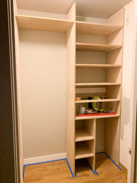 One Room Challenge Week Four - Adding DIY Custom Shelving - Hilltown House Diy Plywood Closet Organizer, Diy Wardrobe Shelves, Closet Diy Shelving, Plywood Closet Shelves, Build A Closet Wall, Easy Closet Built Ins, Diy Closet Small Spaces, Open Hall Closet, Home Office In Closet Ideas