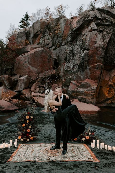 moody elopement \\ moody wedding \\ spooky wedding \\ tim burton wedding vibes \\ black beach elopement Halloween Elopement, Burgundy And Grey Wedding, Moody Elopement, Beach Wedding Black, Gothic Wedding Theme, Dark Wedding Theme, Backyard Celebration, Dark Beach, Spooky Chic