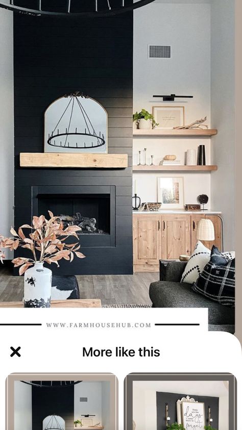 Black Fireplace Surround Mantels, Black Fireplace Tall Ceilings, Wood Mantle On Black Fireplace, Black Cabinets Around Fireplace, Black Tile White Shiplap Fireplace, Black Fireplace Wood Built Ins, Black Wood Mantel Fireplace, Black Fireplace Bookshelves, Black Mantle And Built Ins